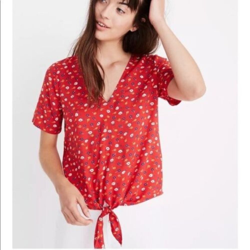 MADEWELL Red Floral Tie Bottom V-Neck Short Sleeve Blouse Top Shirt Size Medium